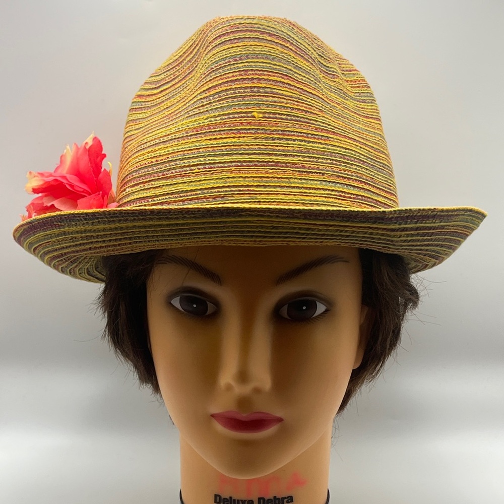 NWT Yellow Multicolor Fedora with Pink Flower Accent